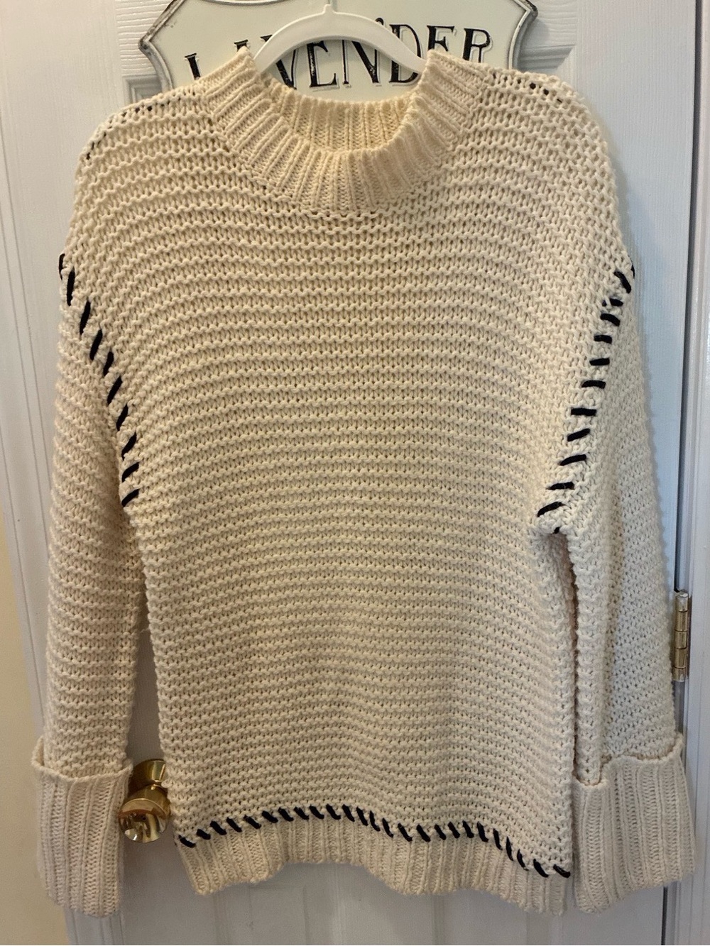 Topshop Cream Knit Cowl Oversized Sweater with Black Contrast Stitching